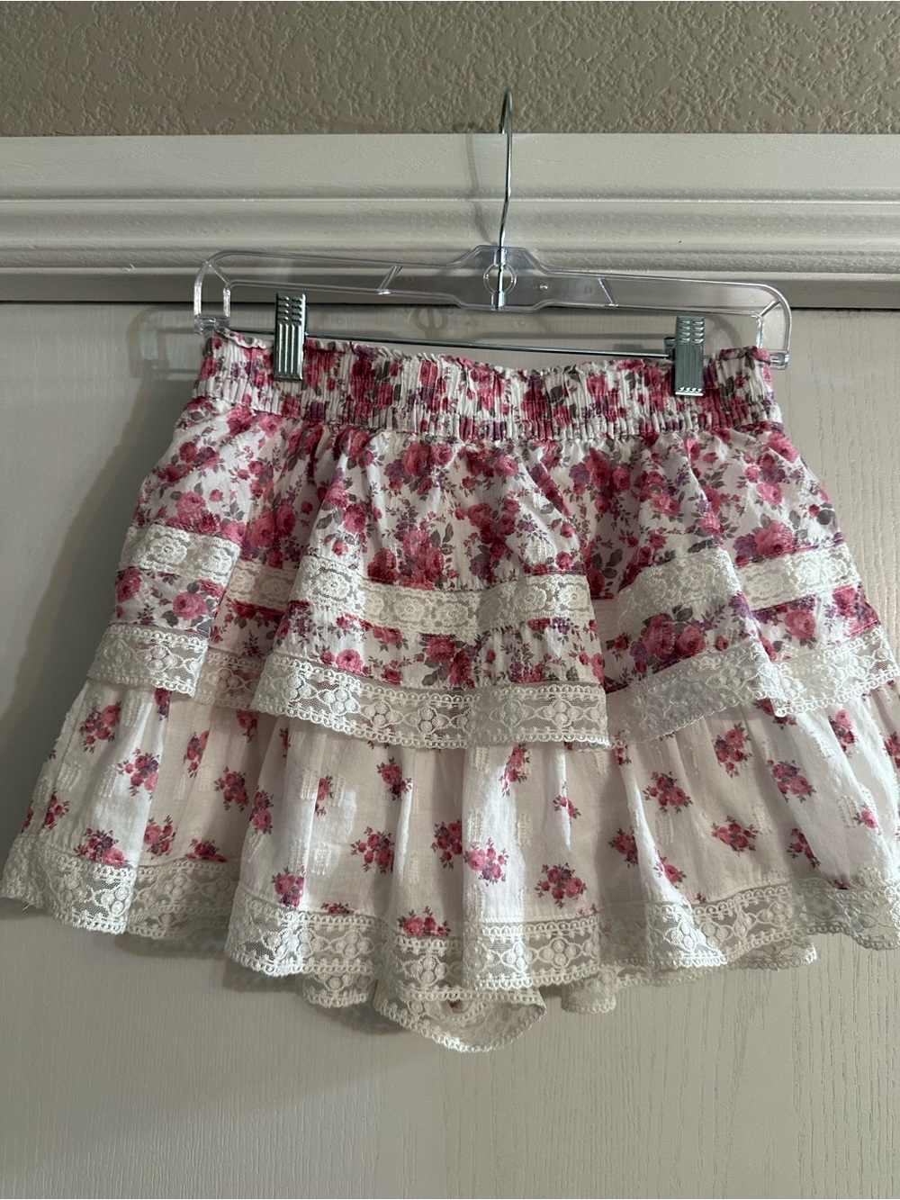 Altar'd State White Mini Shorts with Pink Floral & Lace